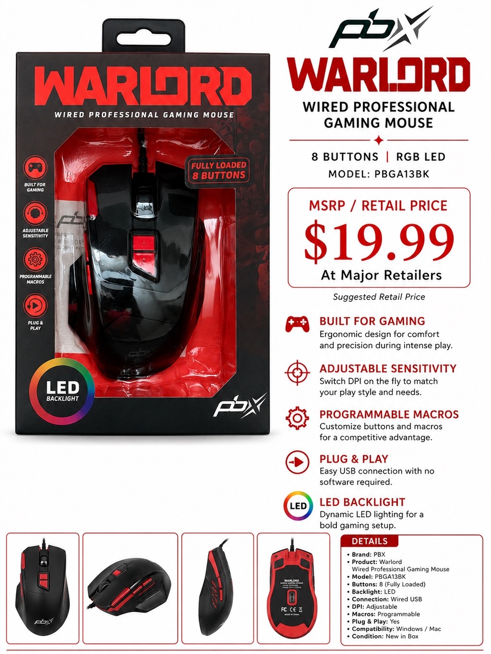 Warlord Wired Professional Gaming Mouse - Black & Red